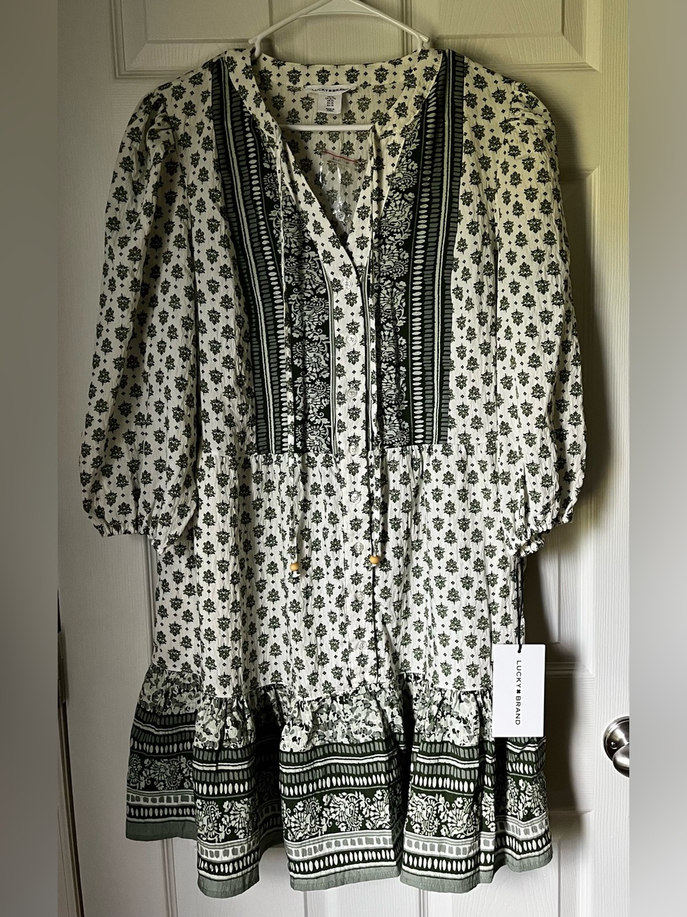 Lucky Brand White and Green Printed Tiered Boho Peasant Dress
